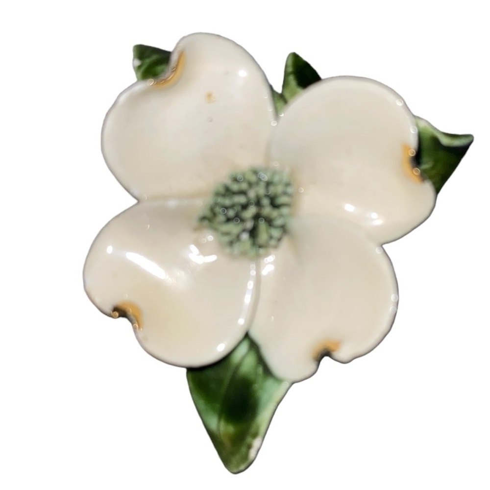 Vintage Ceramic White Green Gardenia Brooch Floral Feminine 50s mid century
